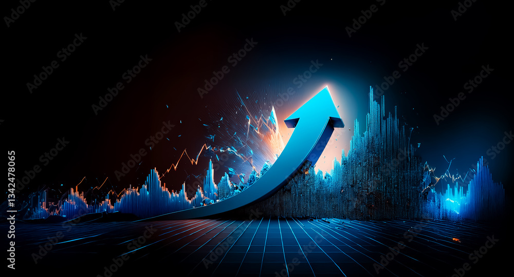 Poster a vibrant blue arrow dynamically points upwards against a dark backdrop featuring an abstract graph 