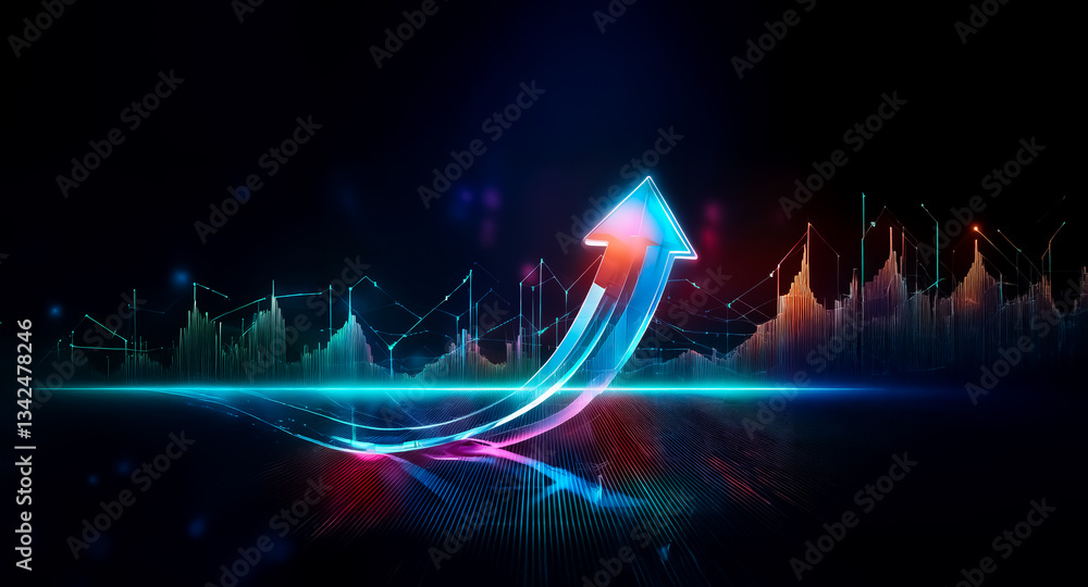 Aufkleber vibrant, glowing arrow curves upwards on a dark backdrop, representing growth and advancement. a dig