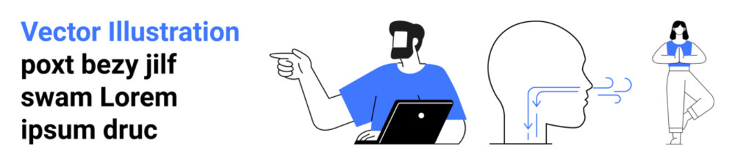 Male professional with laptop pointing ahead, side head profile representing breathing, individual practicing yoga pose. Ideal for fitness, mindfulness, anatomy, tech, wellness, productivity