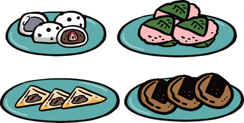 お皿に盛られたいろいろな和菓子の手描き風イラストセット　３	