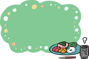 お皿に盛られたいろいろな和菓子とお茶のフレームイラストセット	