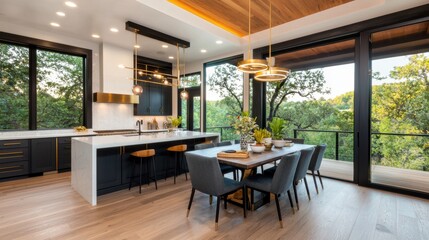 Modern Kitchen Interior Design with Island, Dining Table, and Large Windows Offering Scenic View