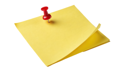 Blank yellow sticky note pinned with a red pushpin, an essential office supply for notes, memos, and to-do lists on transparent background PNG