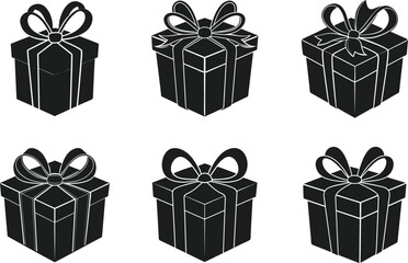 Black Gift Box Vector Set – Elegant Present Silhouettes with Ribbons and Bows