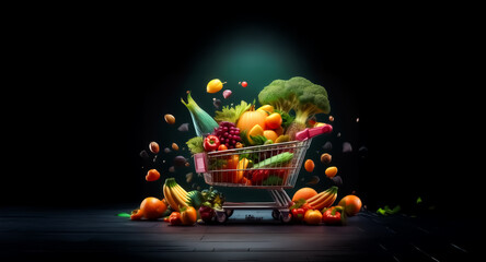 A shopping cart overflowing with fresh fruits and vegetables is brightly lit against a dark background. Produce seems to float around the cart, creating a dynamic and vibrant scene of healthy food.