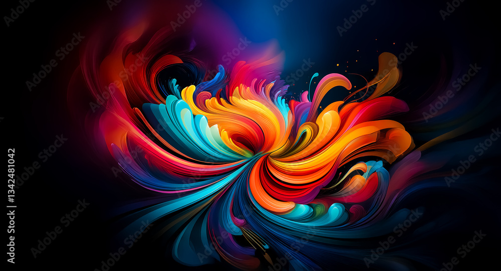 Poster vibrant colors explode in a swirling abstract design against a dark backdrop, creating a dynamic and