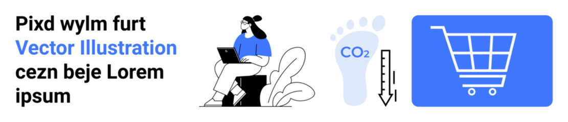 Woman working on a laptop with a leaf plant, carbon footprint label with CO indicator, and a shopping cart. Ideal for sustainability, e-commerce, eco-friendly products, technology, climate change