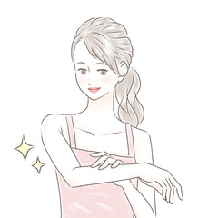 すべすべになった腕を触り喜ぶキャミソールの女性　ポニーテール