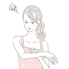 日焼けした腕を触り困った顔をするキャミソールの女性　ポニーテール