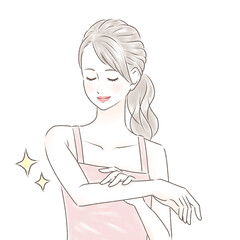 すべすべになった腕を触り、目を閉じて微笑むキャミソールの女性　ポニーテール