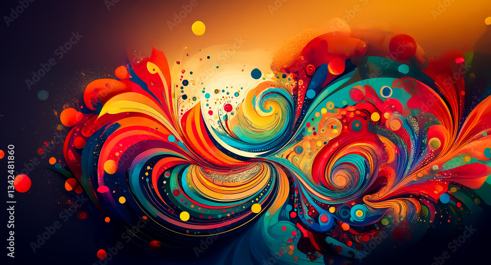 Poster vibrant abstract art features playful swirls and dots in a dynamic burst of bright colors against a 