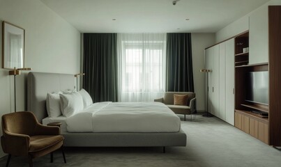 Modern hotel room interior with a large bed and furniture present