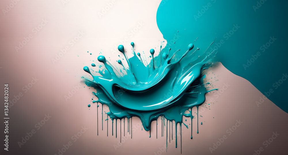 Poster vibrant teal paint splashes dynamically against a soft beige backdrop, creating an abstract flow wit