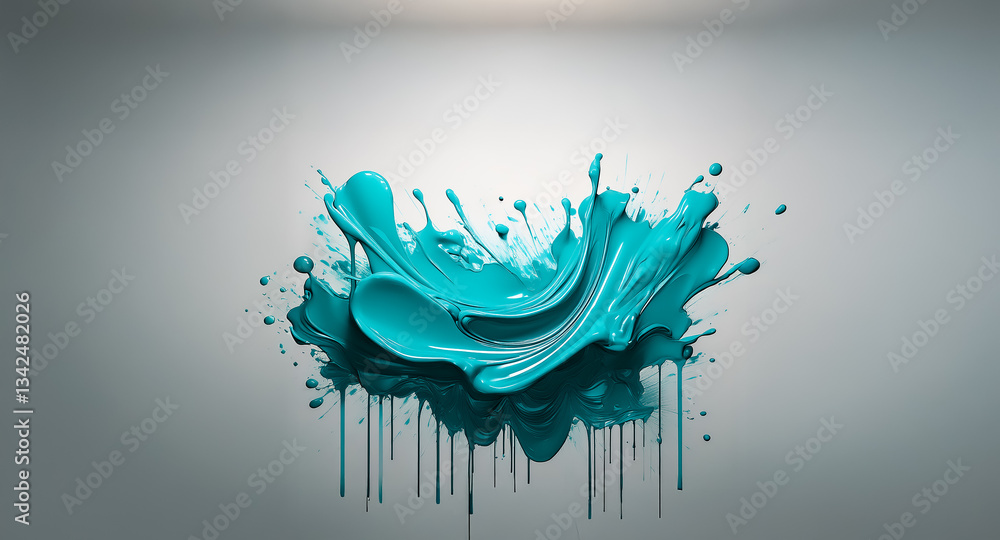 Poster vibrant turquoise paint liquid splash with dripping texture. abstract and dynamic design on a clean 