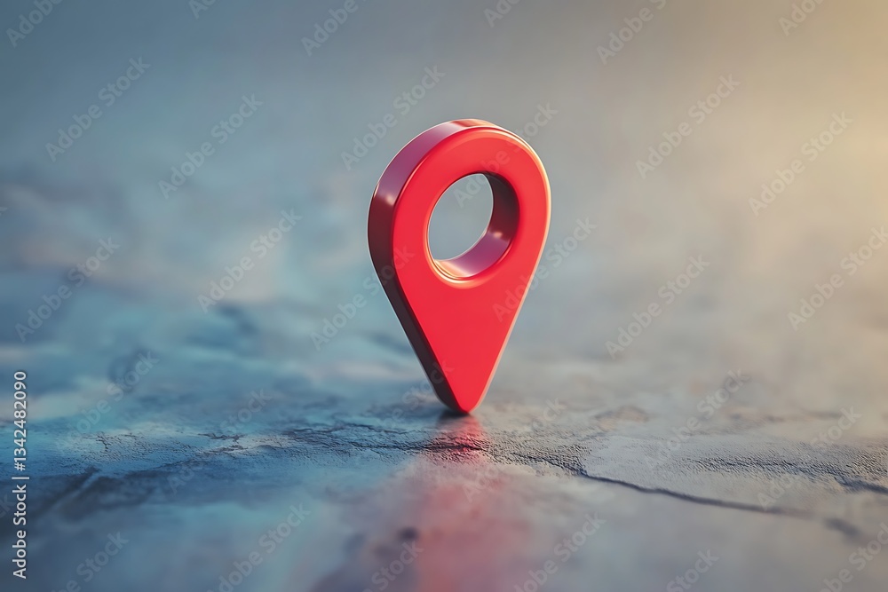 Poster glossy red location pin hovering over a stark white plane soft shadow beneath crisp minimalist glow 