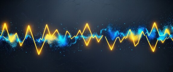 blue yellow gradient glowing electricity current abstract patterns on plain grainy matte black surface illustration design concept backdrop