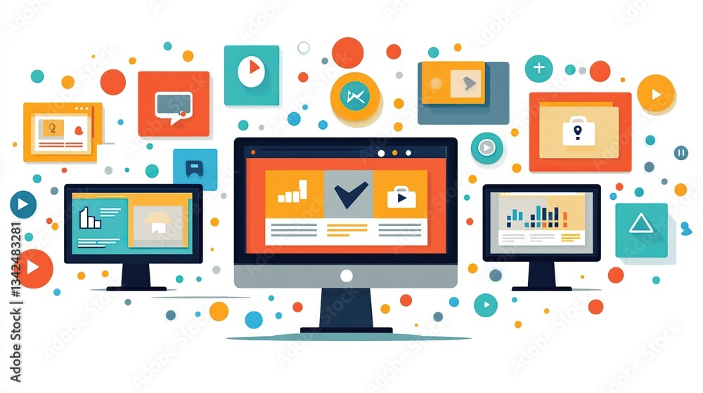 Poster digital content management, marketing, and web design platforms displayed on multiple computer scree
