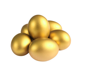 Golden egg collection creative art display visual showcase indoor setting close-up view symbol of prosperity and wealth