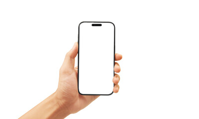Hand holding a smartphone in a minimalist setting technology showcase digital environment close-up...