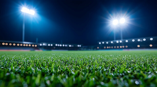 Night Cricket Stadium: Green Field Illuminated by Bright Floodlights