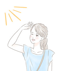 太陽に手をかざして楽しそうにお出かけする女性