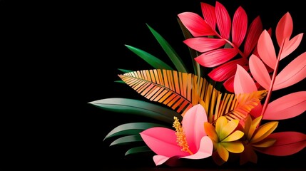 Vivid Tropical Flowers   Leaves  AI Art  Black Background  Botanical Print