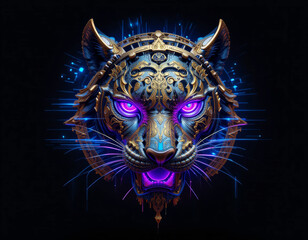 Obraz premium Intricate blue and gold tiger head with glowing purple eyes and ornate details