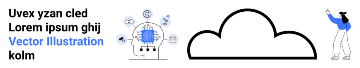 Human head with circuits and icons, large cloud, person pointing upward. Ideal for technology, AI, innovation, connectivity, cloud computing, data analysis simple landing page