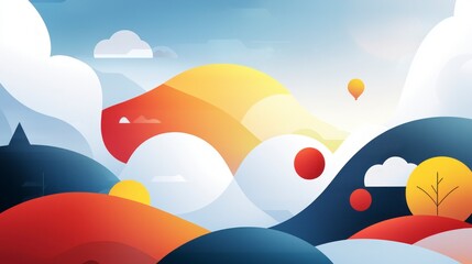 Abstract Landscape  Colorful Hills  Clouds  Hot Air Balloon  Modern Art