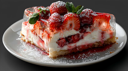 Strawberry Cream Cake Slice with Mint on White Plate Under Bright Light in Dark Background