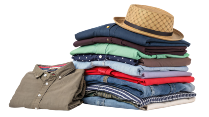 Messy heap of assorted clothing items, including shirts, pants, and jackets, ideal for depicting laundry day or second-hand fashion themes on transparent background PNG.
