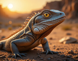 Obraz premium detailed lizard with textured skin in desert landscape at sunset