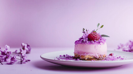Elegant pink and purple dessert topped with fresh raspberry and small flowers, served on a white plate with scattered purple crumbs, set against a soft lavender background.