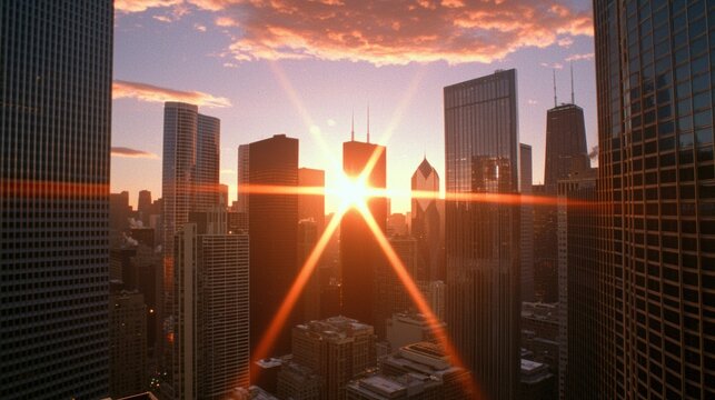 Dramatic Sunrise over a Modern City Skyline, Urban Architecture, Golden Hour, Cityscape View.