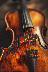 Close-Up of Elegant Violin on Vintage Wooden Surface with Intricate Details and Warm Tones Highlighted by Subtle Lighting