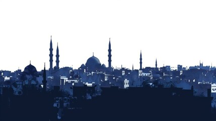 Silhouette of ancient Aleppo skyline with iconic minarets under clear sky, Syria's historic architectural landscape