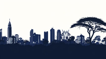  Nairobi cityscape silhouette with iconic skyline and acacia tree for commercial use in design projects