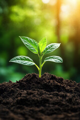 Fototapeta premium Young green plant sprouting from rich soil under warm sunlight in lush forest environment