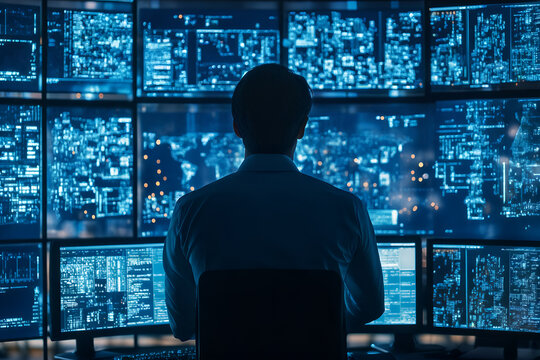 Man monitoring multiple data screens in control room with blue digital interface display