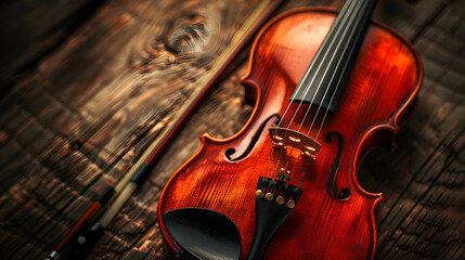 Fototapeta premium Close-Up of Elegant Violin on Vintage Wooden Surface with Intricate Details and Warm Tones Highlighted by Subtle Lighting