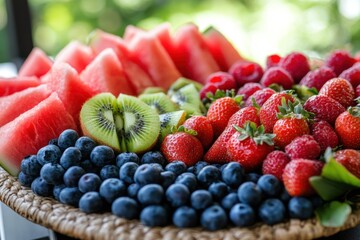 Assorted fresh fruit platter with watermelon kiwi blueberries strawberries and raspberries displayed on woven tray healthy eating outdoors