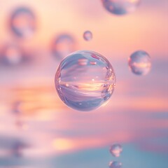 Floating Translucent Spheres Reflecting Pastel Sunset Sky