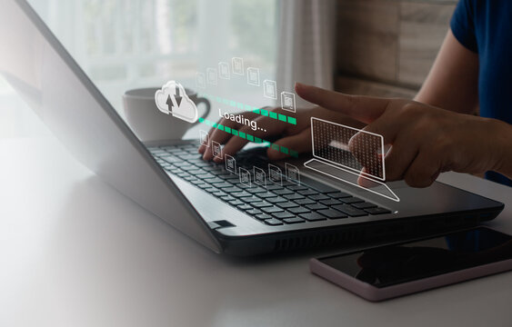 Transfer files data system relocation on cloud system technology concept, access to backup copy data, business document storage, upload and download, archive, share, migration online database with AI.