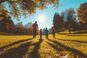 Fototapeta premium A parent and three children walk hand in hand across a sunny green field in a park. Trees surround them with bright sunshine.