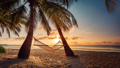 Hammock Swaying Between Palm Trees Overlooking a Tranquil Tropical Beach at Sunset