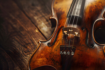 Close-Up of Elegant Violin on Vintage Wooden Surface with Intricate Details and Warm Tones Highlighted by Subtle Lighting