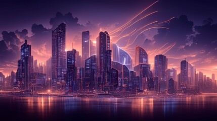 Obraz premium Futuristic Cityscape Neon Lights Skyscrapers Cyberpunk Night Scene