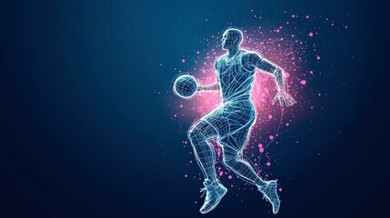 Abstract Basketball Player Dribbling  Wireframe Design  Glowing Lines  Pink Particles