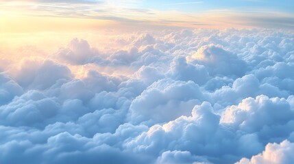Serene Aerial View of Fluffy Cumulus Clouds at Pink Yellow Sunset Horizon – Dreamy Open Sky Atmosphere