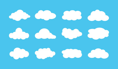 White clouds flat icons collection. Abstract simple cartoon clouds and blue sky.
